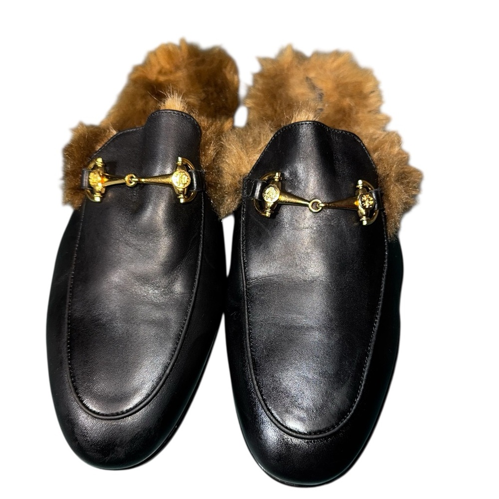 Men’s Roberto Cavalli leather & faux fur loafers with gold-tone logo US 10